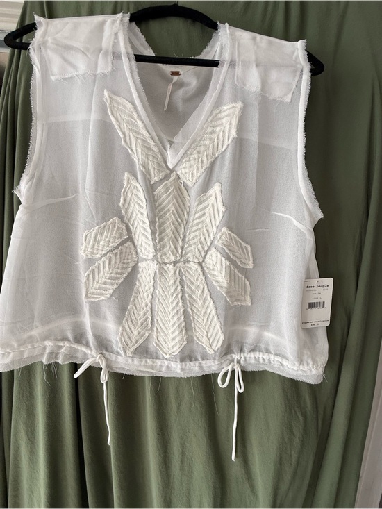Free People Tops - Free People White Embroidered Drawcord Sleeveless V-Neck Top